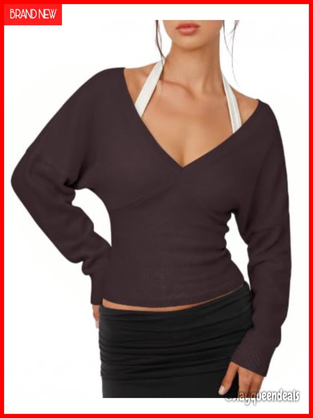 Women's Deep V Neck Wrap Pullover Sweater Crop Top Long Sleeve Batwing